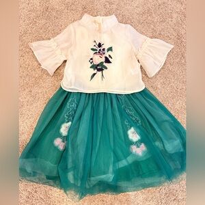 Girls Green Tulle Embroidered Floral Dress with Sheer Ruffle Top Size 120cm